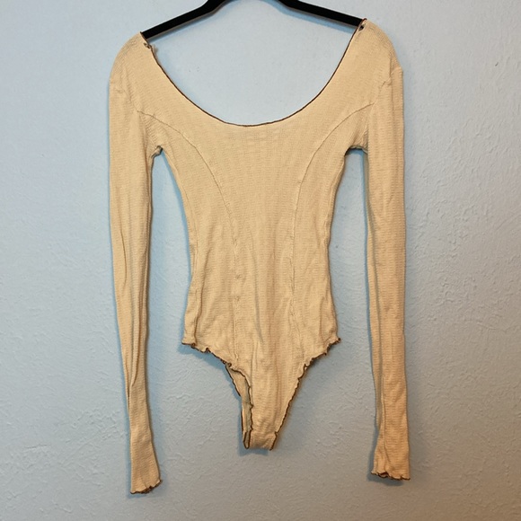 Intimately Free People Womens Size S Tan Waffle Thong Bodysuit Snaps Long Sleeve - Picture 6 of 13
